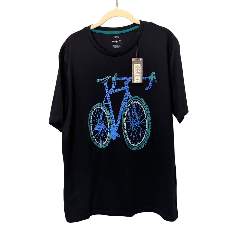 NWT Marks & Spencer Sz L Navy Blue Bicycle Bike Graphic Print T Shirt Cotton